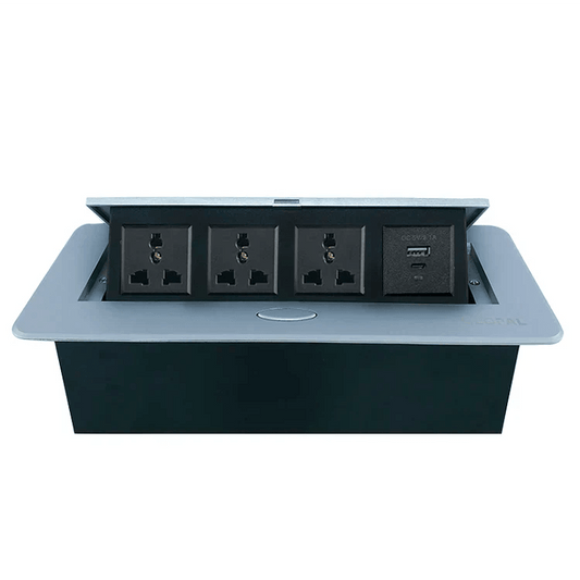 Technology Box, 3 Multi Sockets & 1 USB Charging Conference Table Connectivity Hydraulic Pop Up Power Center Box - Silver & Black