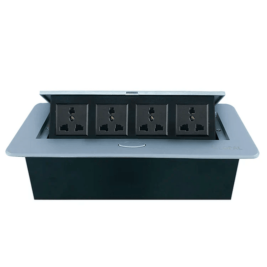 Technology Box, 4 Multi Sockets Conference Table Connectivity Hydraulic Pop Up Power Center Box - Silver & Black