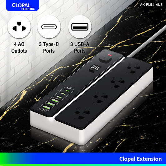 Clopal 24H Timer Extension 2500W Power Strip with 4 AC Sockets, 3 USB-C & 3 USB-A – 2M Wire | Overload Protection