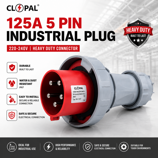 Clopal 32, 63 & 125A 5 Pin Industrial Plug – 220-240V | Heavy Duty Connector