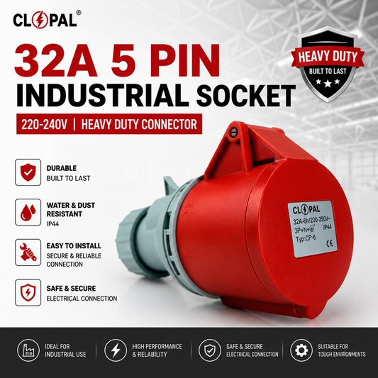 Clopal 16A & 32A 3/5 Pin Industrial Socket 220-240V Heavy Duty Connector