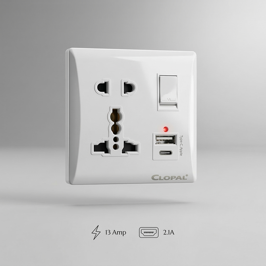 Clopal Multi Light Plug 13A USB & Type C Slots - White