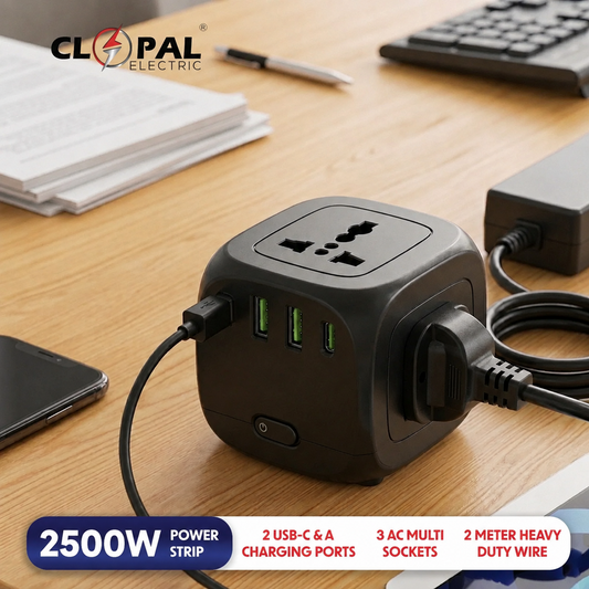 Clopal Cube Extension 2500W Power Strip with 3 AC Sockets, 2 USB-C & 2 USB-A – 2M Heavy Duty Wire