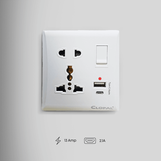 Clopal Multi Light Plug 13A USB & Type C Slots - White