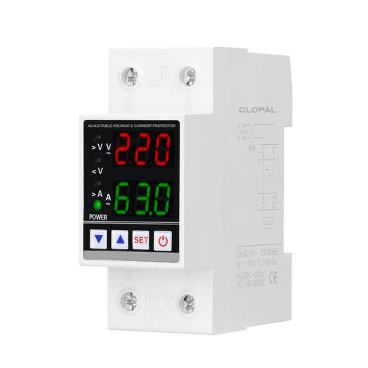 Clopal Dual Display Adjustable 63A Voltage Protector Intelligent Over-voltage Under-voltage Over-current Protect Device Home Relay Self-resetting Voltage Protector