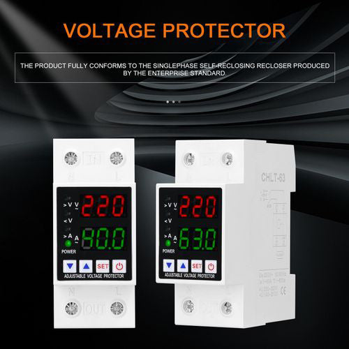 Clopal Dual Display Adjustable 63A Voltage Protector Intelligent Over-voltage Under-voltage Over-current Protect Device Home Relay Self-resetting Voltage Protector