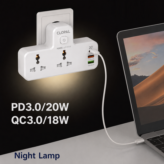 Clopal Power Socket 2 Port Universal 2500W, 1PD 20W, 2USB 18W-12W, Night Lamp