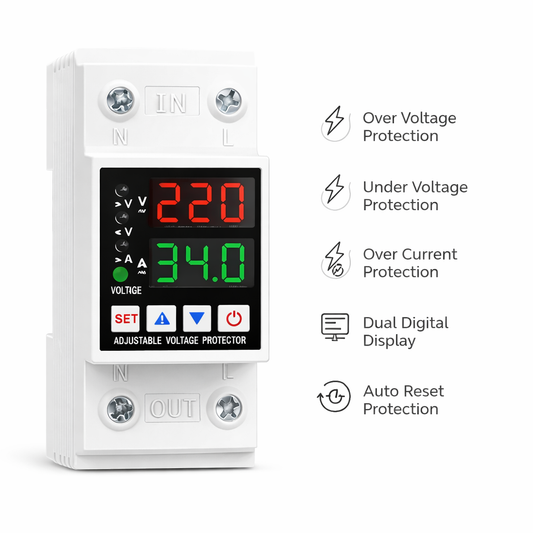 Clopal Dual Display Adjustable 63A Voltage Protector Intelligent Over-voltage Under-voltage Over-current Protect Device Home Relay Self-resetting Voltage Protector