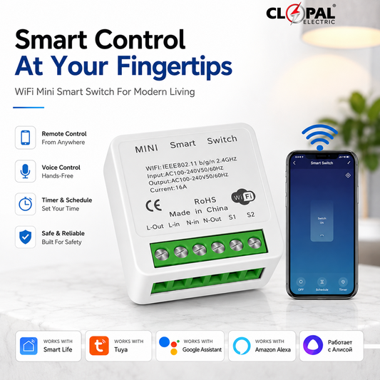 Clopal WiFi Smart Light Switch Mini Module – 1-Way & 2-Way Support, Neutral Wire Required, Smart Life App, Voice Control