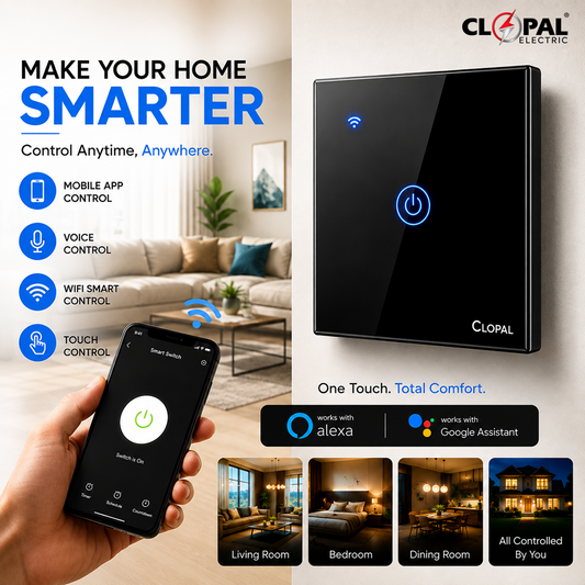 Clopal 1 Gang Black Smart Touch WIFI Switch Series with Mobile Control, Voice Control Compatible with ALEXA, Google Assistant