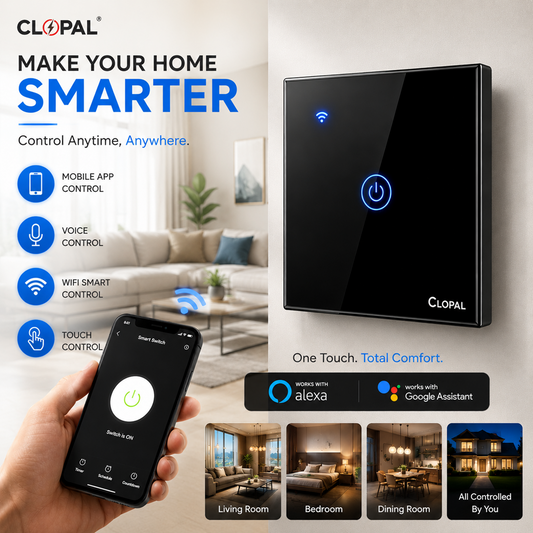 Clopal 1 Gang Black Smart Touch WIFI Switch Series with Mobile Control, Voice Control Compatible with ALEXA, Google Assistant