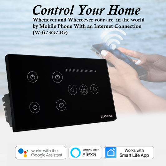 Clopal 4 Gang + Fan Dimmer Black Smart Touch WIFI Switch Series with Mobile Control, Voice Control Compatible with ALEXA, Google Assistant and IFTTT